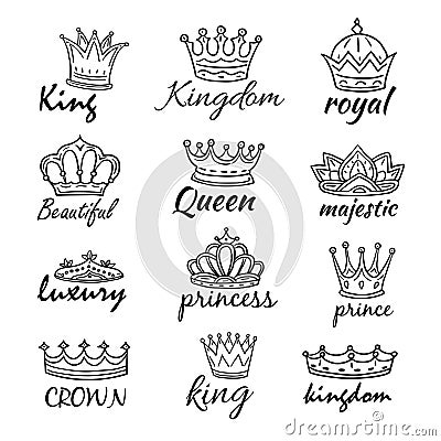 Sketch crowns. Hand drawn king, queen crown and princess tiara. Royalty vector doodle symbols and majestic logos Vector Illustration