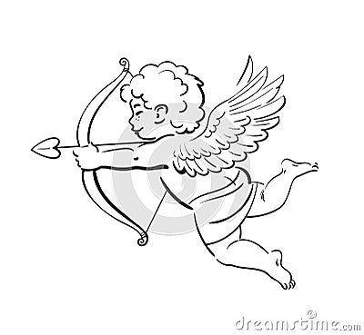 Sketch of cute funny Cupid aiming a bow and arrow. Valentines Day love symbol. Hand drawn vector illustration Vector Illustration