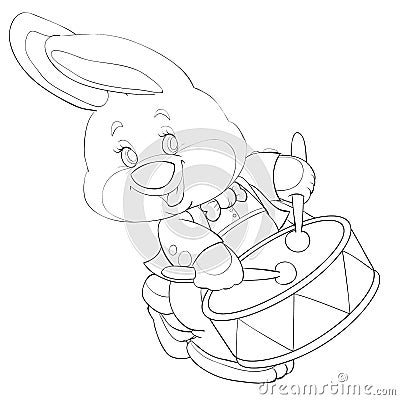 Sketch, cute hare playing with sticks on a big drum, coloring book, cartoon illustration, isolated object on a white background, Vector Illustration