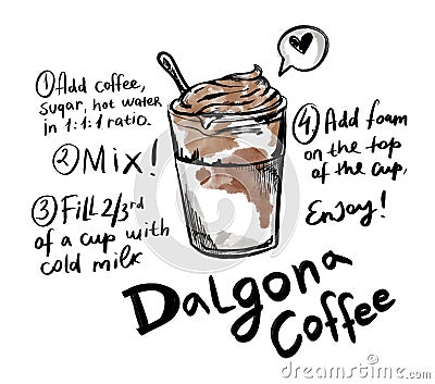 Sketch of Dalgona Coffee with recipe. Hand drawn trendy fluffy creamy whipped coffee. Korean trendy quarantine coffee. Stock Photo