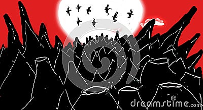 Sketch Of Dark Mountain And Hunted Bats ,Full Moon With Red Background Stock Photo