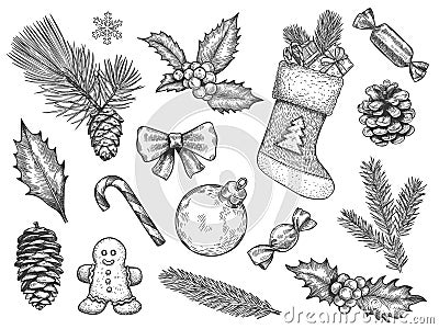 Sketch decoration xmas set. Christmas and happy new year symbols. Sock and gift, gingerbread, holly fir branches, pine Vector Illustration