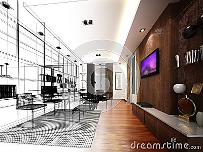 Sketch design of interior working room, wire frame Cartoon Illustration