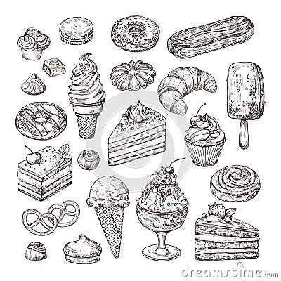 Sketch dessert. Cake, pastry and ice cream, apple strudel and muffin in vintage engraving style. Hand drawn fruit Vector Illustration