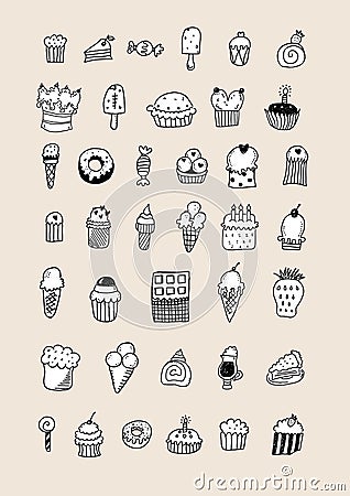 Sketch dessert. Cake, pastry and ice cream, strudel and muffin. Hand drawn fruit desserts vector set. Illustration of Vector Illustration