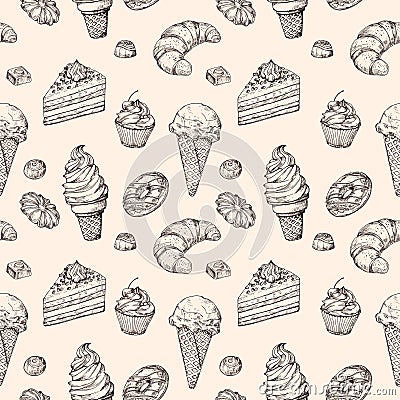 Sketch dessert seamless background. Cakes sweets cupcake and ice cream hand drawn vector wrapping texture Vector Illustration