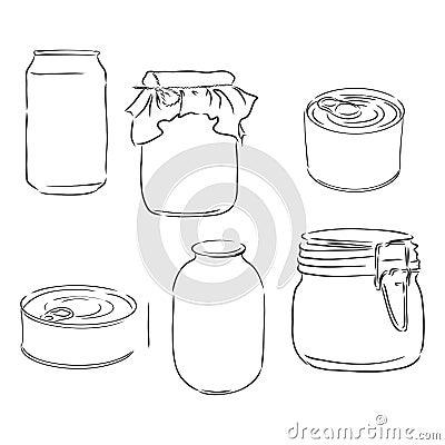 Sketch of different mason jars, metal cans and bottles. Hand-drawn vector illustration. can of canned food vector sketch Cartoon Illustration