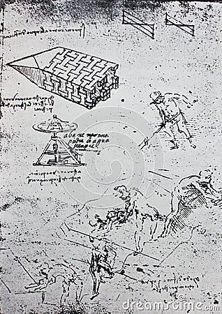 The sketch of digging person, mechanism. Manuscripts of Leonardo da Vinci. Code B Folio 51 recto in the vintage book Leonardo da Stock Photo