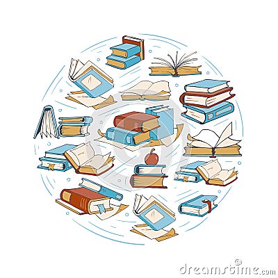 Sketch doodle drawing books, library, book club vector logo Vector Illustration