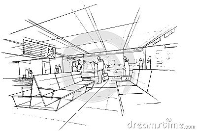 sketch drawing airport seating area,drawing of people traveling in an international airport,Modern design,vector Vector Illustration