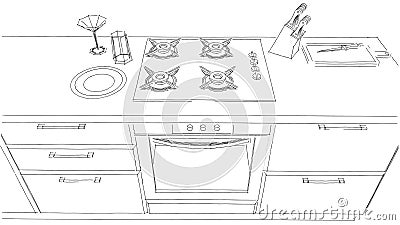 Sketch drawing of built-in kitchen stove and oven black and white. Stock Photo