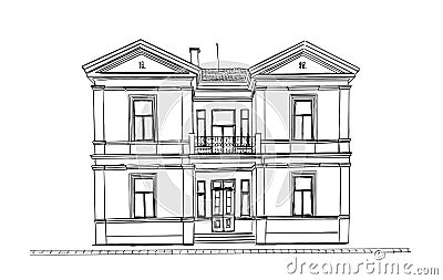 Sketch drawing classic house perspective facade Cartoon Illustration