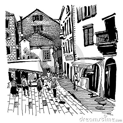 Sketch drawing of Kotor street Montenegro Vector Illustration