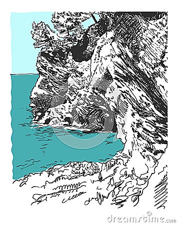 sketch drawing of nature rock at adriatic sea in Petrovac Montenegro Vector Illustration