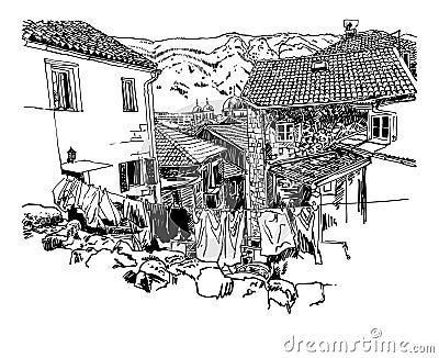 sketch drawing of old town view Kotor Montenegro, vintage touris Vector Illustration