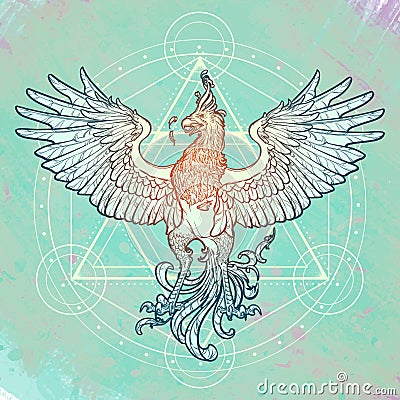 Sketch drawing of Phoenix and David`s star isolated on watercolor textured background. Vector Illustration