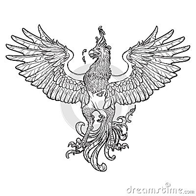 Sketch drawing of Phoenix isolated on white background. Vector Illustration