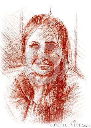 Sketch drawn by sanguine. Portrait of a young girl Stock Photo