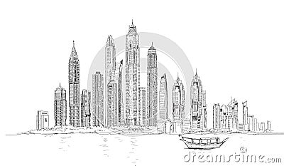Sketch of Dubai skyscrapers, modern architecture of Dubai Marina Cartoon Illustration