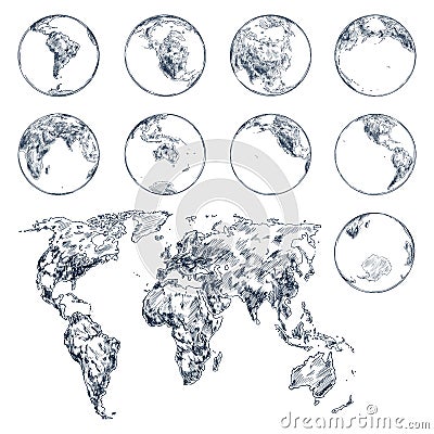 Sketch of earth planet continents. World map Vector Illustration