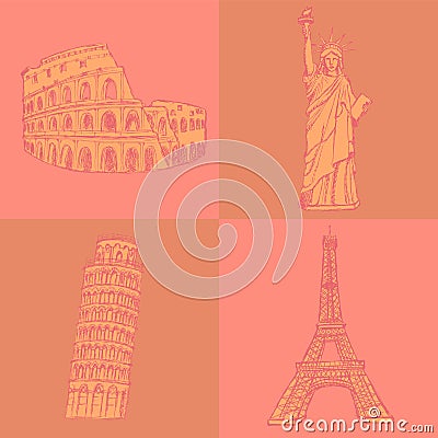 Sketch Eifel tower, Pisa tower, Coloseum and Statue of Liberty, Vector Illustration