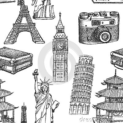 Sketch Eiffel tower, Pisa tower, Big Ben, suitecase, photocamera, Chinese temple and Statue of Liberty, vector seamless pattern Vector Illustration