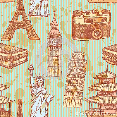 Sketch Eiffel tower, Pisa tower, Big Ben, suitecase, photocamera, Chinese temple and Statue of Liberty, vector seamless pattern Vector Illustration