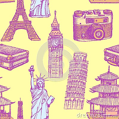 Sketch Eiffel tower, Pisa tower, Big Ben, suitecase, photocamera, Chinese temple and Statue of Liberty, vector seamless pattern Vector Illustration