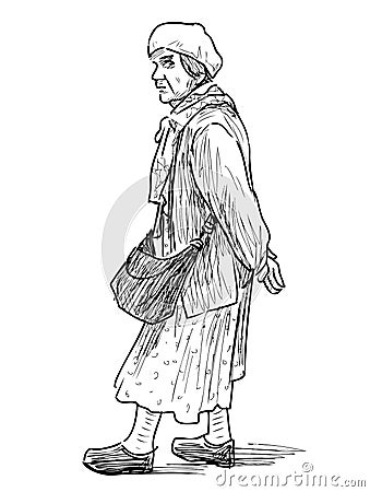 Sketch of elderly city woman going for a stroll Vector Illustration