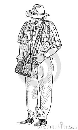 Sketch of an elderly man with a camera going for a stroll Vector Illustration