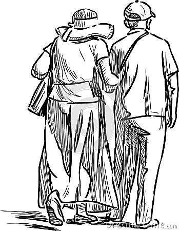 Sketch of an elderly spouses of townspeople on a stroll Vector Illustration