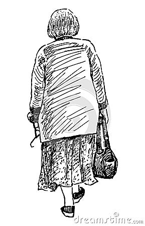 Sketch of elderly towns woman with handbag and eyeglasses walking down street Vector Illustration