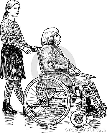 Sketch of an elderly woman in a wheelchair with a nurse Vector Illustration