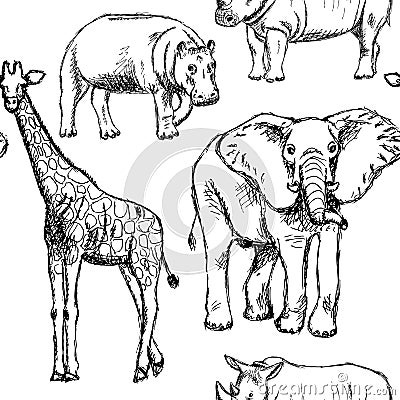 Sketch elephant, rhino, giraffe and hippo, vector seamless pattern Vector Illustration