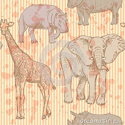 Sketch elephant, rhino, giraffe and hippo, vector seamless pattern Vector Illustration
