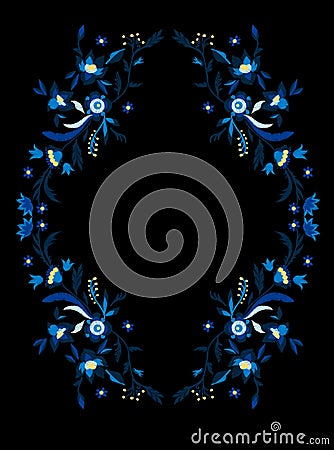 Sketch of embroidery of blue color flowers with leaves. Stock Photo