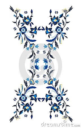 Sketch of embroidery of blue color flowers with leaves. Stock Photo