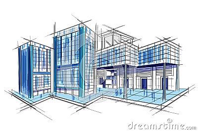 Sketch of exterior building draft blueprint design Vector Illustration