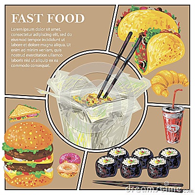 Sketch Fast Food Colorful Composition Vector Illustration