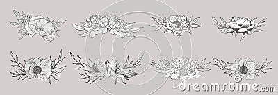 Sketch Floral Botany set. Variety flower and leaf. Black and white with line art. Vector Illustration