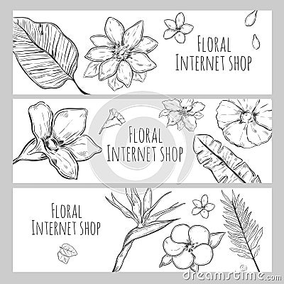 Sketch Floral Internet Shop Horizontal Banners Vector Illustration