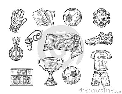 Sketch football elements. Hand drawn soccer ball, sports uniform, championship cup and soccer goal vector illustration Vector Illustration