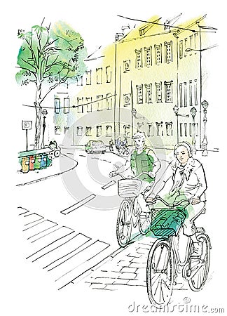 Sketch of a fragment of a city landscape with a man and a woman on bicycles Cartoon Illustration