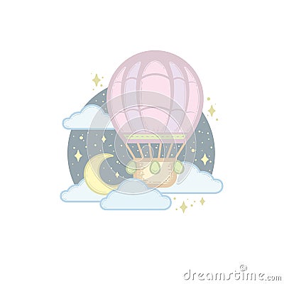 Sketch of funny cartoon stylized hot air balloon, flying at night in the sky, surrounded clouds and stars Vector Illustration