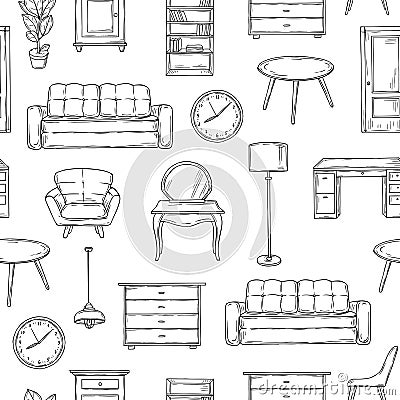 Sketch furniture pattern. Living room doodle vintage interior vector isolated wallpaper texture Vector Illustration