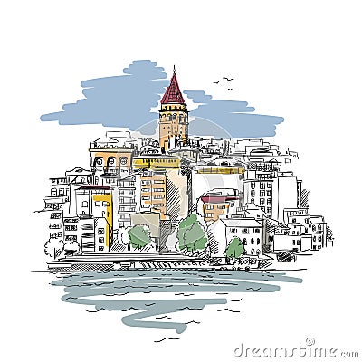 Sketch of Galata tower in Istanbul and seagulls flying in sky, Famous turkish landmark, Vector hand drawn Vector Illustration