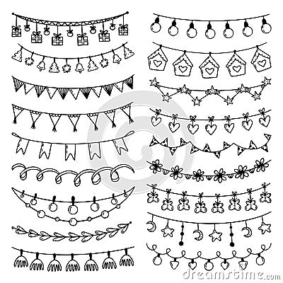 Sketch garlands set. Party bulbs garland, flags and stars with beads. Festive decoration, line pennant on string drawing Stock Photo