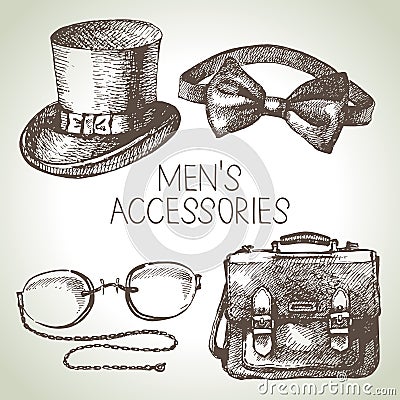 Sketch gentlemen accessories. Hand drawn men illustrations set Vector Illustration