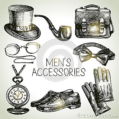 Sketch gentlemen accessories. Hand drawn men illustrations set Vector Illustration