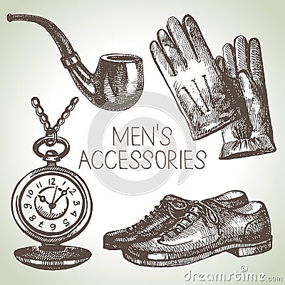 Sketch gentlemen accessories. Hand drawn men illustrations set Vector Illustration